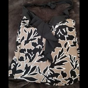 Aqua Green black, taupe & white halter tankini